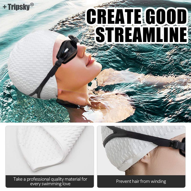 Tripsky Silicone Swim Cap,Comfortable Bathing Cap Ideal for Curly Short Medium Long Hair, Swimming Cap for Women and Men, Shower Caps Keep Hairstyle Unchanged (White) - Image 2